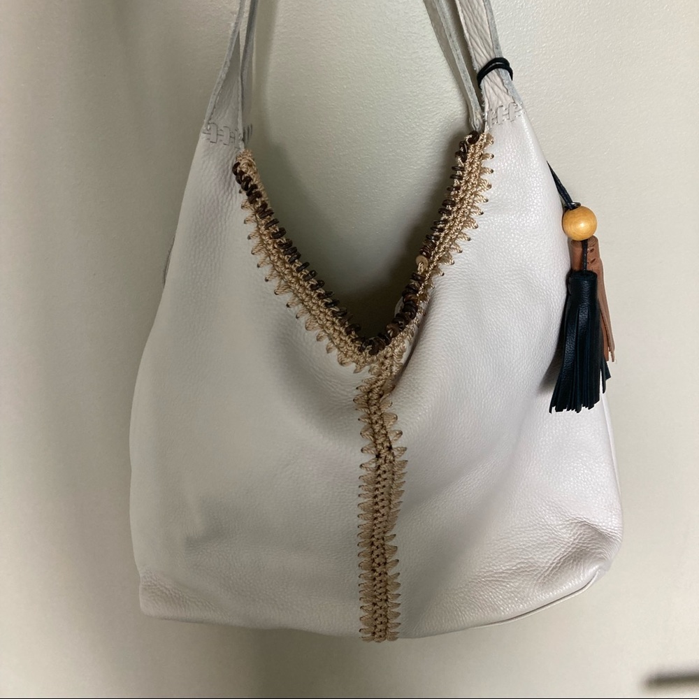 The Sak Leather Off-White Shoulder Bag with Bead and Crochet Detail